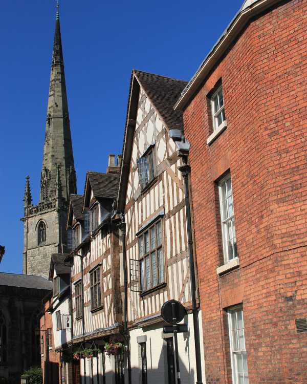 Tudor houses and a church spire at Shrewsbury
