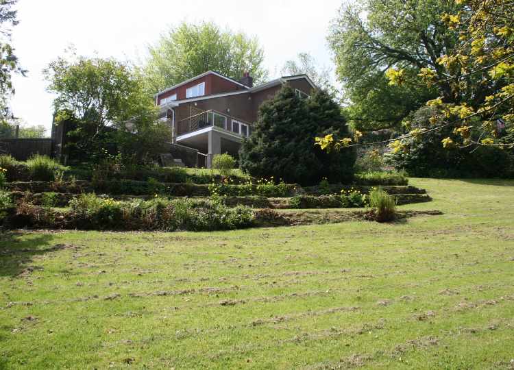 This image shows a garden sloping upwards and to the right from the camera view, taken from bottom of the garden at The Holt. The garden slopes up and has several terraces of shrubs. YOu can see the back side and terrace of The Holt holiday cottage in the rear middle of the image.