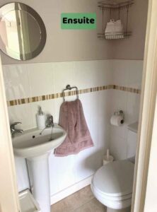 Image shows a white toilet and a compact white hand basin, a mirror on the wall and a fluffy brown towel in a wall holder. This is taken through the doorway from the Family Room. There is a label on the image of 