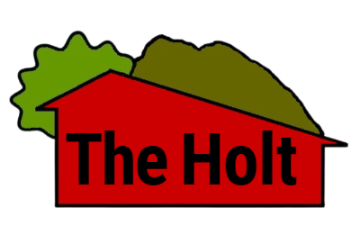 Small logo of a red house with trees and hills behind representing The Holt holiday cottage in Shropshire.